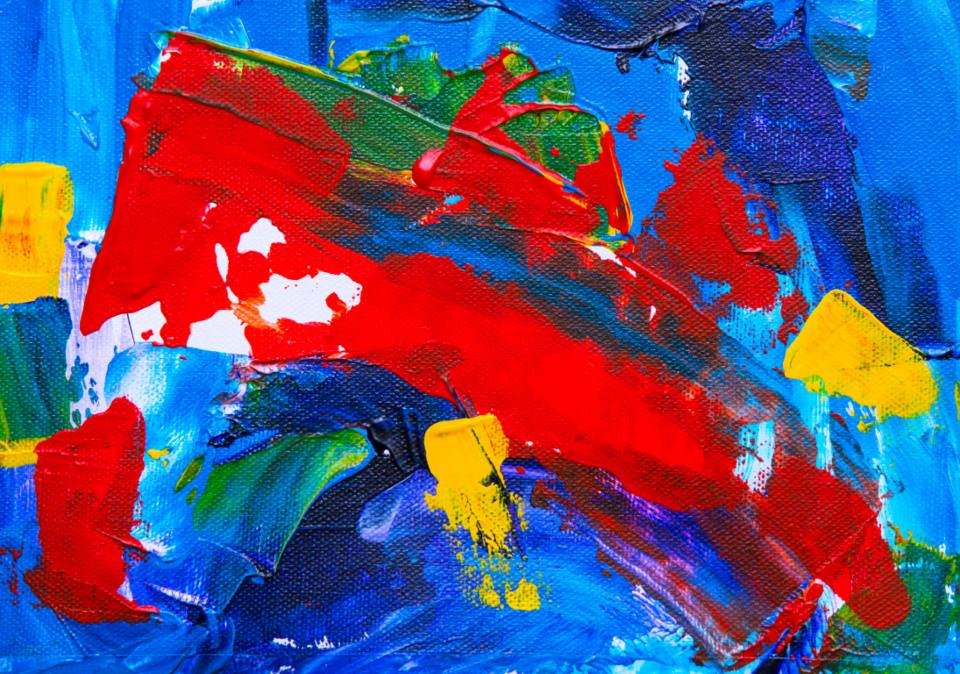 An abstract painting in red and blue