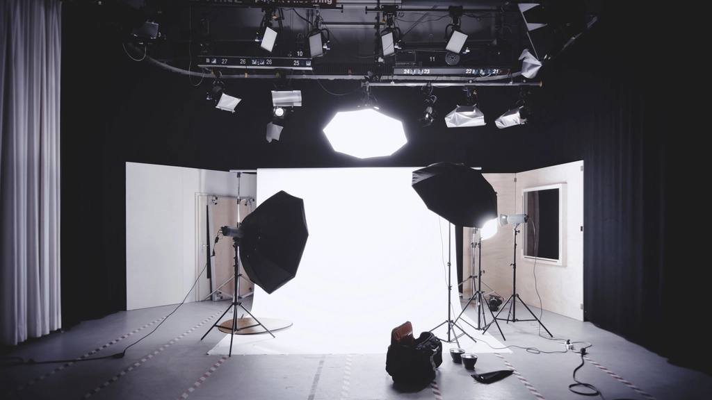 A photography studio with softbox lights