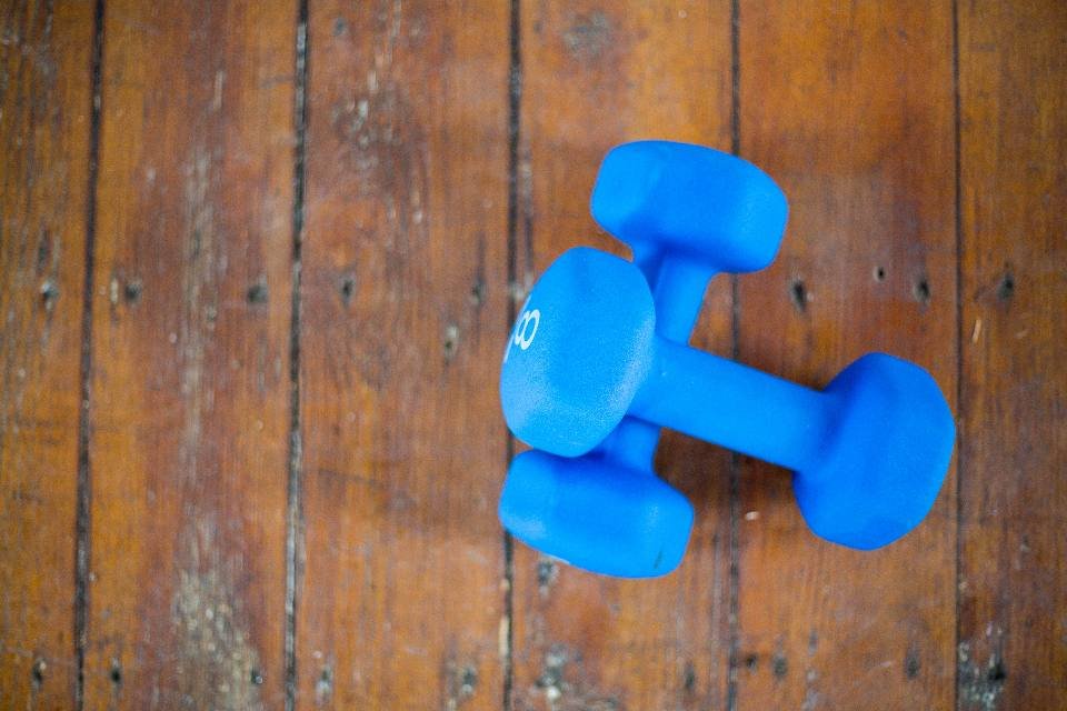 Blue dumbbells on a wooden floor