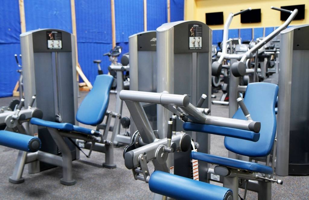 Rows of blue strength machines in a gym