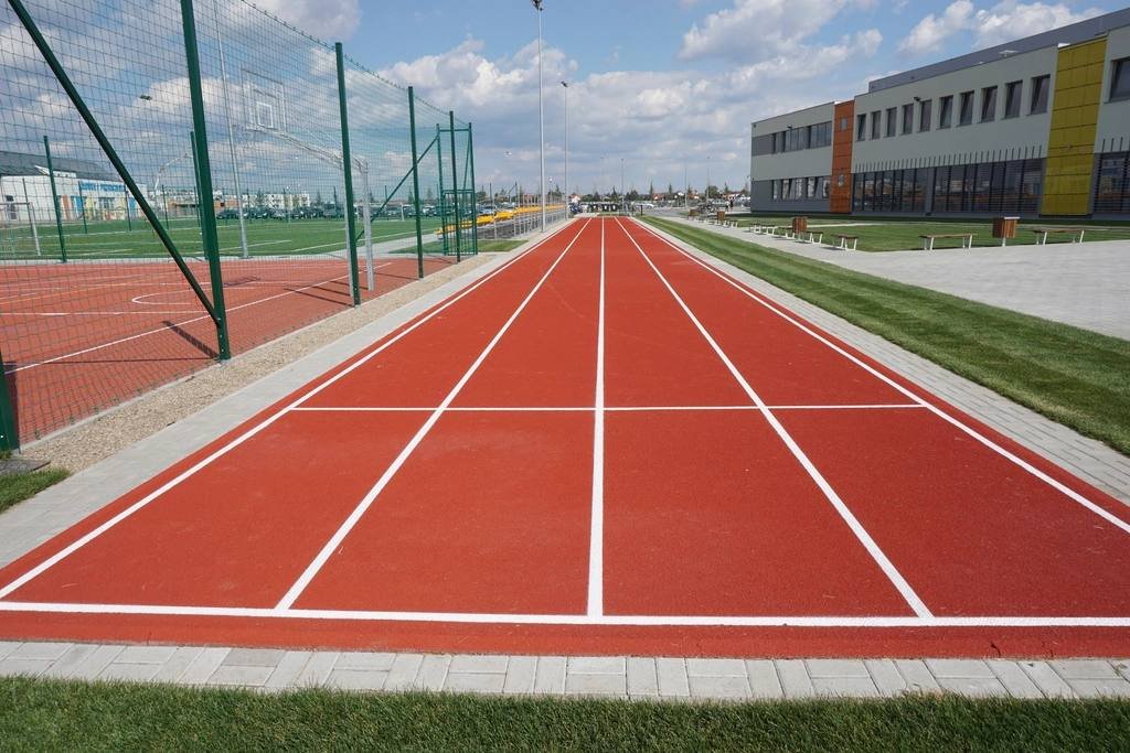 A running track with white lanes